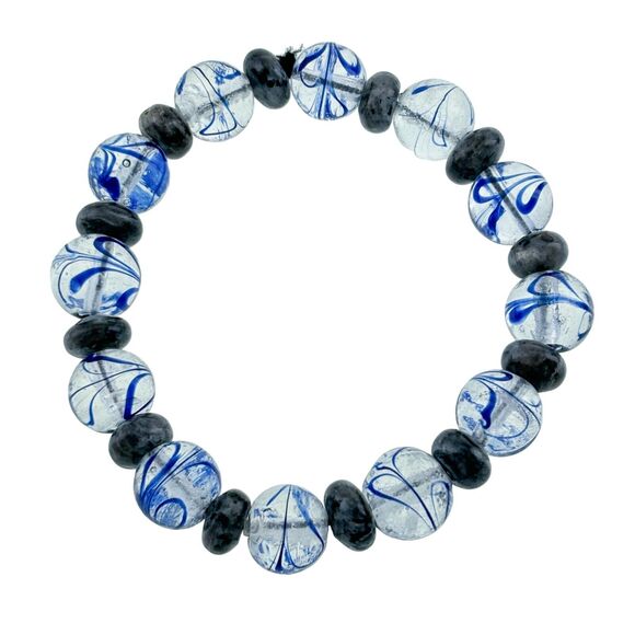 Artisan 10mm-13mm Blue Swirl Glass Beaded Stretch Bracelet 8" - Picture 1 of 4